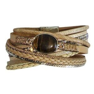 Azora Tiger's Eye Tan Leather Wrap Bracelet Aurora Borealis Rhinestone Magnetic